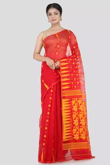Pinkloom Women'S Red Hand_Woven Cotton Jamdani Saree Without Blouse