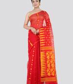 Pinkloom Women'S Red Hand_Woven Cotton Jamdani Saree Without Blouse