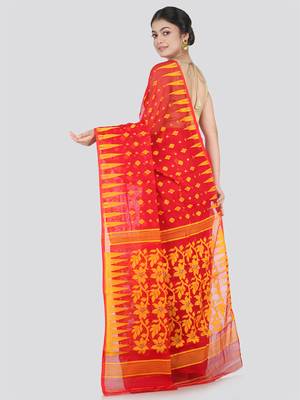 Pinkloom Women'S Red Hand_Woven Cotton Jamdani Saree Without Blouse 2