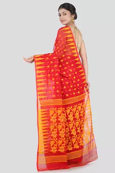 Pinkloom Women'S Red Hand_Woven Cotton Jamdani Saree Without Blouse