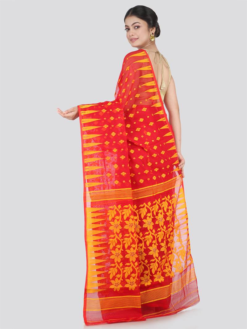 Pinkloom Women'S Red Hand_Woven Cotton Jamdani Saree Without Blouse