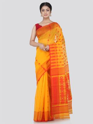Pinkloom Women'S Yellow Hand_Woven Cotton Jamdani Saree Without Blouse 1
