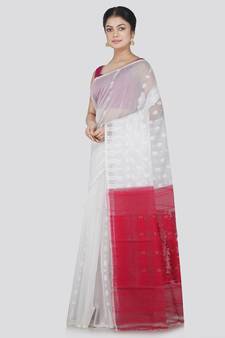 PinkLoom Women's White Hand_Woven Cotton Jamdani Saree Without Blouse