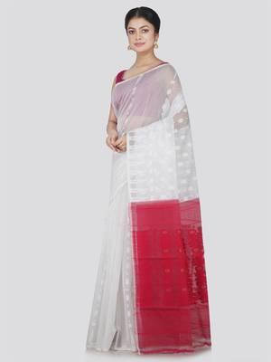 PinkLoom Women's White Hand_Woven Cotton Jamdani Saree Without Blouse 1