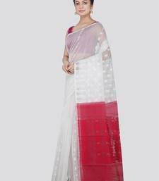 PinkLoom Women's White Hand_Woven Cotton Jamdani Saree Without Blouse