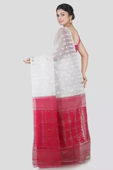 PinkLoom Women's White Hand_Woven Cotton Jamdani Saree Without Blouse