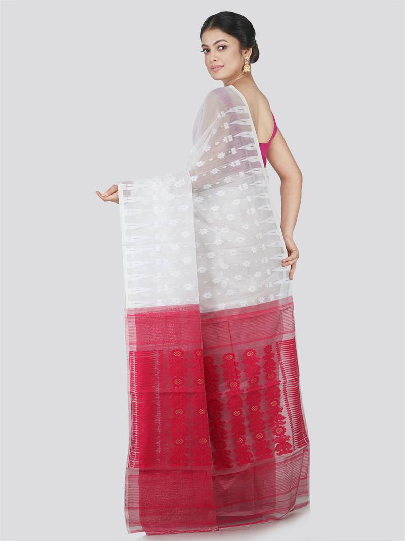 PinkLoom Women's White Hand_Woven Cotton Jamdani Saree Without Blouse