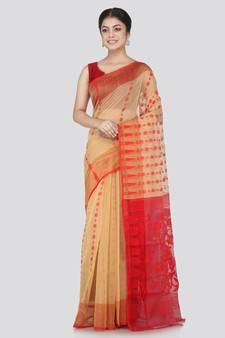 Pinkloom Women'S Beige Hand_Woven Cotton Jamdani Saree Without Blouse