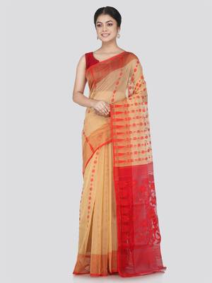 Pinkloom Women'S Beige Hand_Woven Cotton Jamdani Saree Without Blouse 1