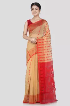 Pinkloom Women'S Beige Hand_Woven Cotton Jamdani Saree Without Blouse