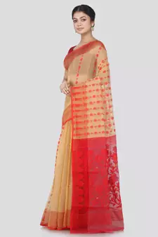 Pinkloom Women'S Beige Hand_Woven Cotton Jamdani Saree Without Blouse