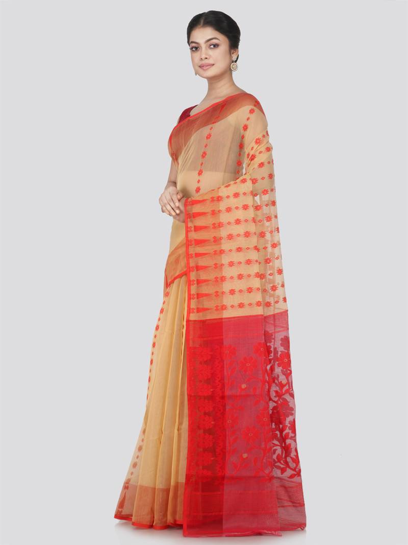 Pinkloom Women'S Beige Hand_Woven Cotton Jamdani Saree Without Blouse