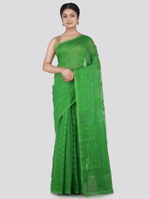 Pinkloom Women'S Green Hand_Woven Cotton Jamdani Saree Without Blouse 1