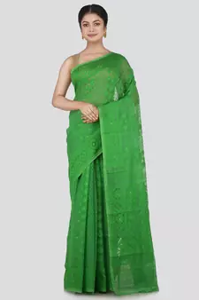 PinkLoom Women's Green Hand_Woven Cotton Jamdani Saree Without Blouse