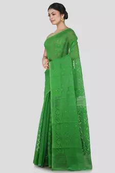 Pinkloom Women'S Green Hand_Woven Cotton Jamdani Saree Without Blouse