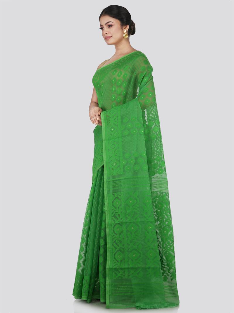 Pinkloom Women'S Green Hand_Woven Cotton Jamdani Saree Without Blouse