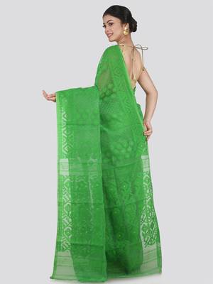Pinkloom Women'S Green Hand_Woven Cotton Jamdani Saree Without Blouse 3