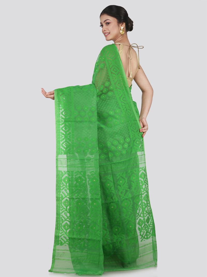 Pinkloom Women'S Green Hand_Woven Cotton Jamdani Saree Without Blouse