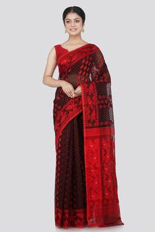 Pinkloom Women'S Black Hand_Woven Cotton Jamdani Saree Without Blouse