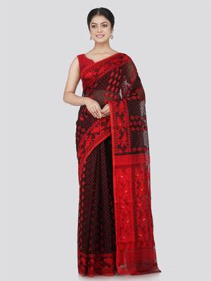 Pinkloom Women'S Black Hand_Woven Cotton Jamdani Saree Without Blouse 1