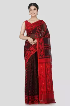 Pinkloom Women'S Black Hand_Woven Cotton Jamdani Saree Without Blouse