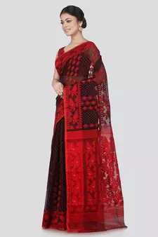 Pinkloom Women'S Black Hand_Woven Cotton Jamdani Saree Without Blouse