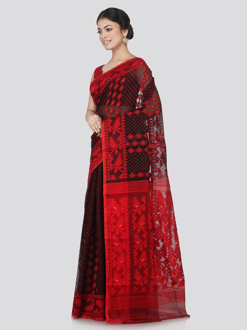 Pinkloom Women'S Black Hand_Woven Cotton Jamdani Saree Without Blouse