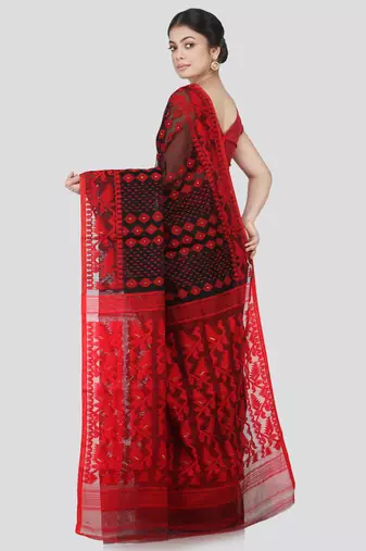 Pinkloom Women'S Black Hand_Woven Cotton Jamdani Saree Without Blouse