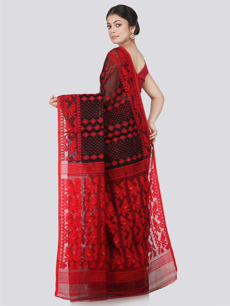 Pinkloom Women'S Black Hand_Woven Cotton Jamdani Saree Without Blouse