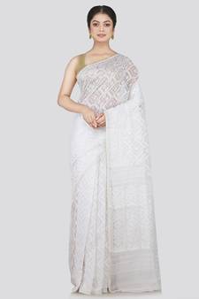 Pinkloom Women'S White Hand_Woven Cotton Jamdani Saree Without Blouse