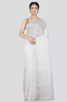 Pinkloom Women'S White Hand_Woven Cotton Jamdani Saree Without Blouse