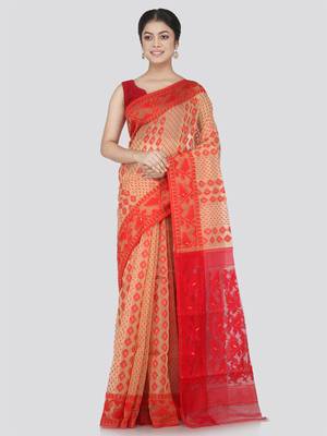 Pinkloom Women'S Beige Hand_Woven Cotton Jamdani Saree Without Blouse 2