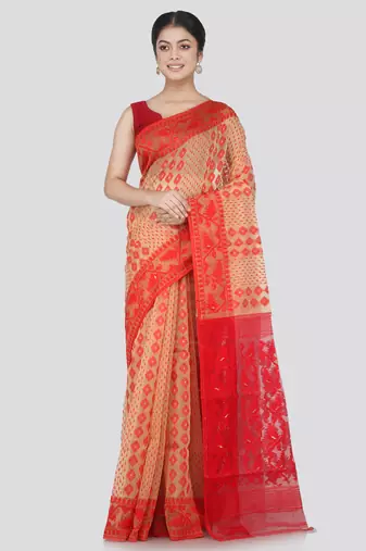 Pinkloom Women'S Beige Hand_Woven Cotton Jamdani Saree Without Blouse