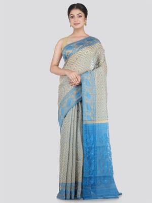 Pinkloom Women'S Beige Hand_Woven Cotton Jamdani Saree Without Blouse 1