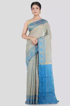 Pinkloom Women'S Beige Hand_Woven Cotton Jamdani Saree Without Blouse