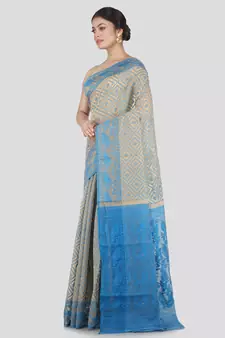 Pinkloom Women'S Beige Hand_Woven Cotton Jamdani Saree Without Blouse