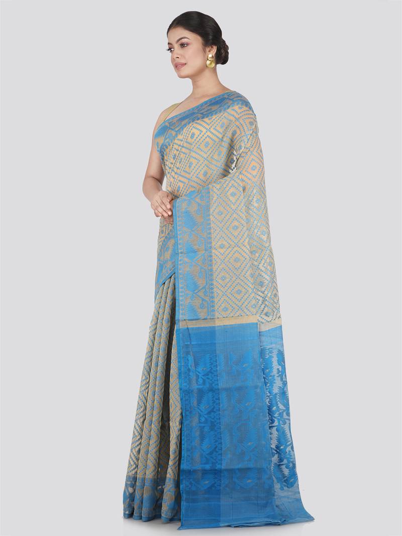 Pinkloom Women'S Beige Hand_Woven Cotton Jamdani Saree Without Blouse