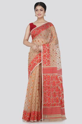 Pinkloom Women'S Beige Hand_Woven Cotton Jamdani Saree Without Blouse