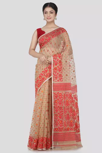 Pinkloom Women'S Beige Hand_Woven Cotton Jamdani Saree Without Blouse