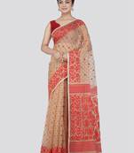 Pinkloom Women'S Beige Hand_Woven Cotton Jamdani Saree Without Blouse