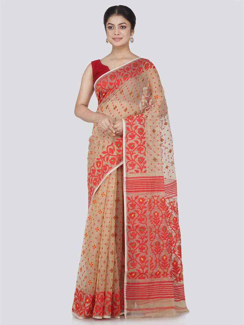 Pinkloom Women'S Beige Hand_Woven Cotton Jamdani Saree Without Blouse