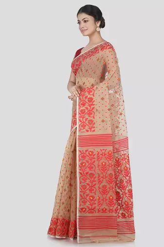 Pinkloom Women'S Beige Hand_Woven Cotton Jamdani Saree Without Blouse
