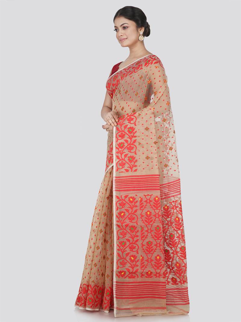 Pinkloom Women'S Beige Hand_Woven Cotton Jamdani Saree Without Blouse