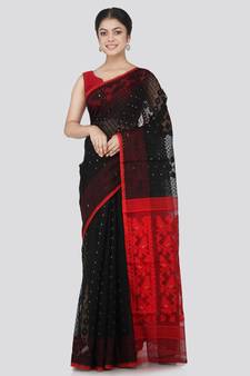 Pinkloom Women'S Black Hand_Woven Cotton Jamdani Saree Without Blouse