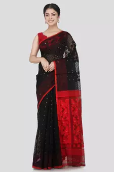 PinkLoom Women's Black Hand_Woven Cotton Jamdani Saree Without Blouse