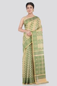 Pinkloom Women'S Beige Hand_Woven Cotton Jamdani Saree Without Blouse