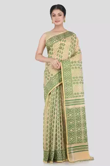 Pinkloom Women'S Beige Hand_Woven Cotton Jamdani Saree Without Blouse
