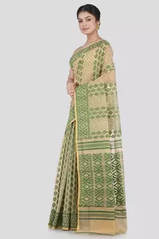 Pinkloom Women'S Beige Hand_Woven Cotton Jamdani Saree Without Blouse
