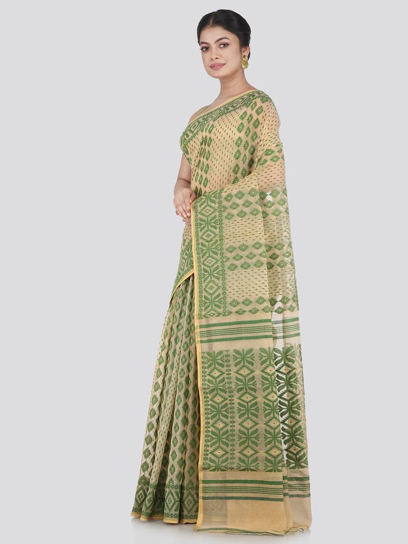 Pinkloom Women'S Beige Hand_Woven Cotton Jamdani Saree Without Blouse