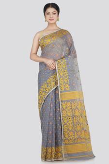 Pinkloom Women'S Grey Hand_Woven Cotton Jamdani Saree Without Blouse